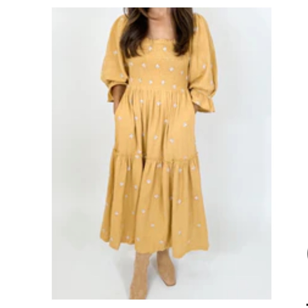 Talulah Mustard Long Sleeve Dress with Floral Embroidery